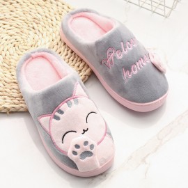 Large Size Women Cute Cat Decor Warm Slingback House Slippers