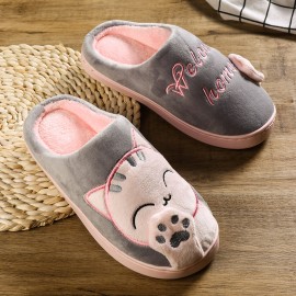 Large Size Women Cute Cat Decor Warm Slingback House Slippers