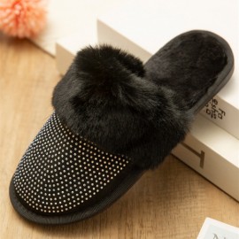 Women's Large Size Solid Color Rhinestone House Furry Slippers