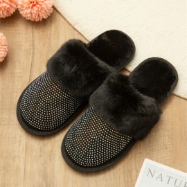 Women's Large Size Solid Color Rhinestone House Furry Slippers