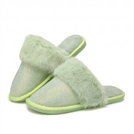 Women's Large Size Solid Color Rhinestone House Furry Slippers
