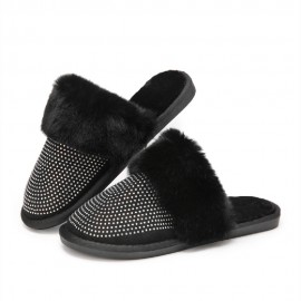 Women's Large Size Solid Color Rhinestone House Furry Slippers
