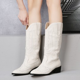 Women Retro Brief Embroidery Leather V-Cut Mid-calf Pull On Casual Martin Knight Boots