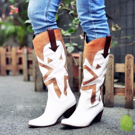 Large Size Women Pointed Toe Splicing High Square Heel Long Cowboy Boots