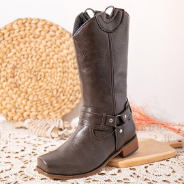 Women Retro Long Square Toe Slip-on Harness Boots