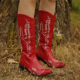 Women Large Size Retro Pointed Toe Embroidered Chunky Heel Cowboy Boots