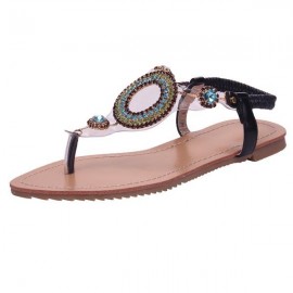 Rhinestone Beaded Elastic Flip Flop Casual Flat Sandals