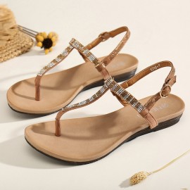 Women Rhinestone Buckle Strap Comfy Non Slip Beach Clip Toe Sandals