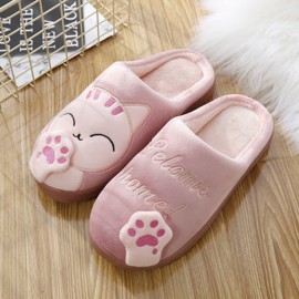 Large Size Women Cute Cat Decor Warm Slingback House Slippers