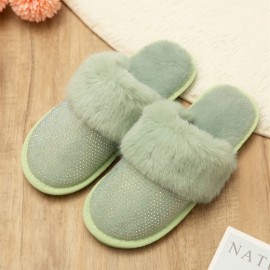 Women's Large Size Solid Color Rhinestone House Furry Slippers