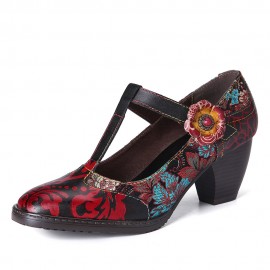 SOCOFY Retro Florals Embroidery Flowers Leather Low Heel T-strap Hook Loop Pumps