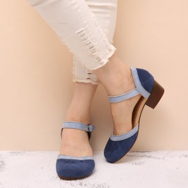 Women Round Toe Buckle Block Heel Casual D'Orsay Pumps